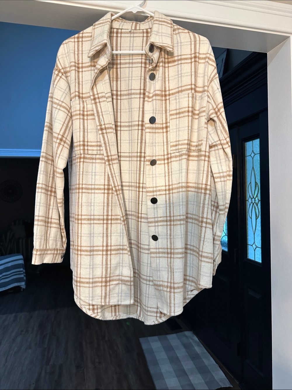 Plaid Button-Front Cream and Tan Shacket